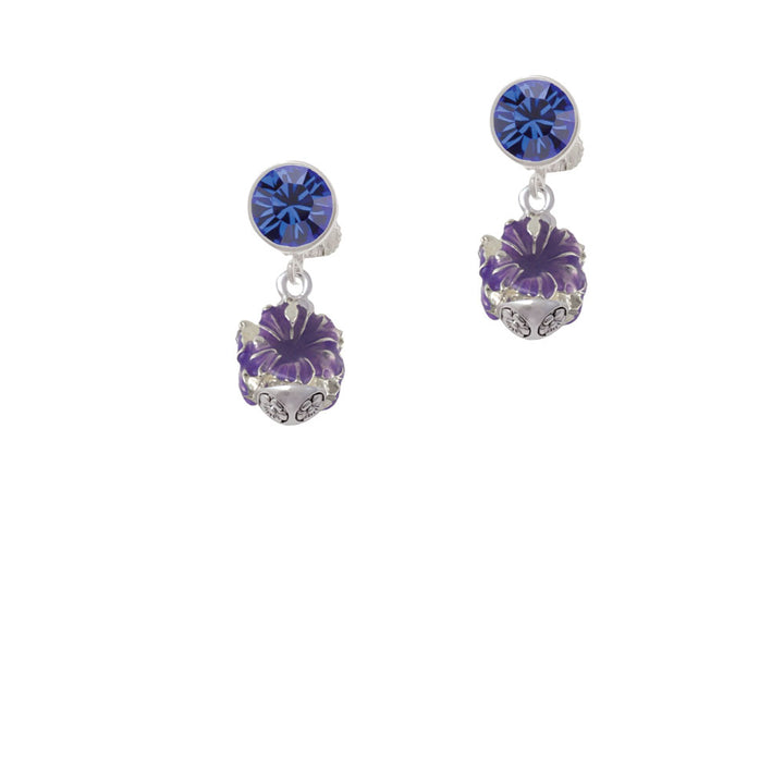 Hot Purple Hibiscus Flowers Spinner Crystal Clip On Earrings Image 7