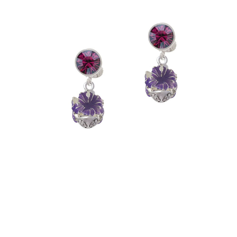 Hot Purple Hibiscus Flowers Spinner Crystal Clip On Earrings Image 8