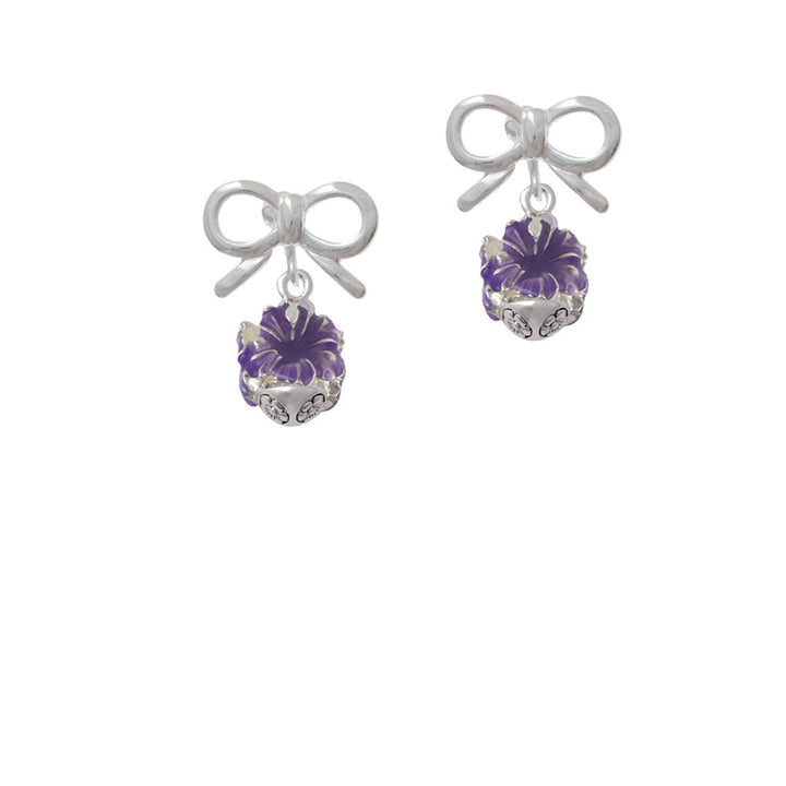 Hot Purple Hibiscus Flowers Spinner Crystal Clip On Earrings Image 9