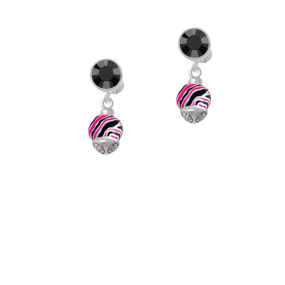 Wide Hot Pink Zebra Print Band Spinner Crystal Clip On Earrings Image 3