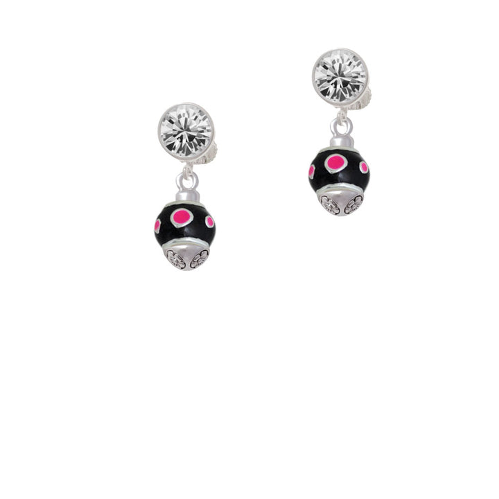 Hot Pink Dots on Black Spinner Crystal Clip On Earrings Image 2