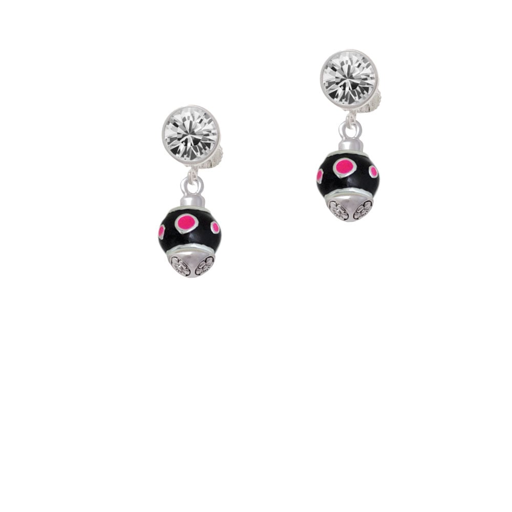 Hot Pink Dots on Black Spinner Crystal Clip On Earrings Image 1