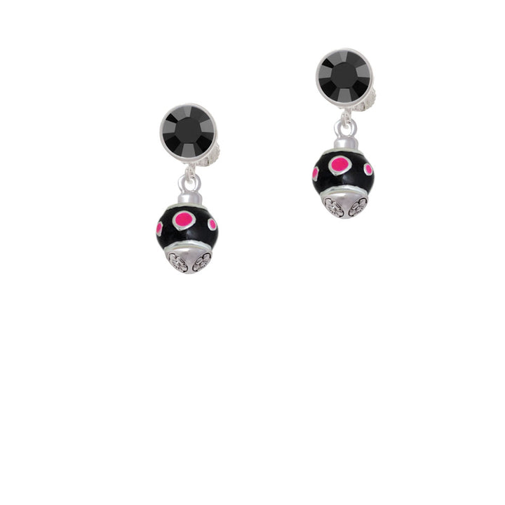 Hot Pink Dots on Black Spinner Crystal Clip On Earrings Image 3