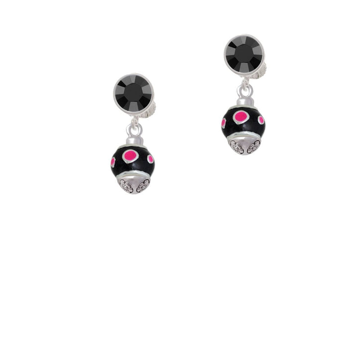 Hot Pink Dots on Black Spinner Crystal Clip On Earrings Image 1