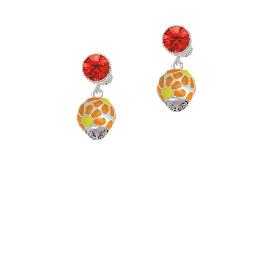 Translucent Hot Orange Flower Petal Pattern Spinner Crystal Clip On Earrings Image 4