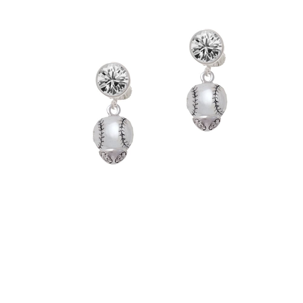 Silver Tone Baseball/Softball Spinner Crystal Clip On Earrings Image 1