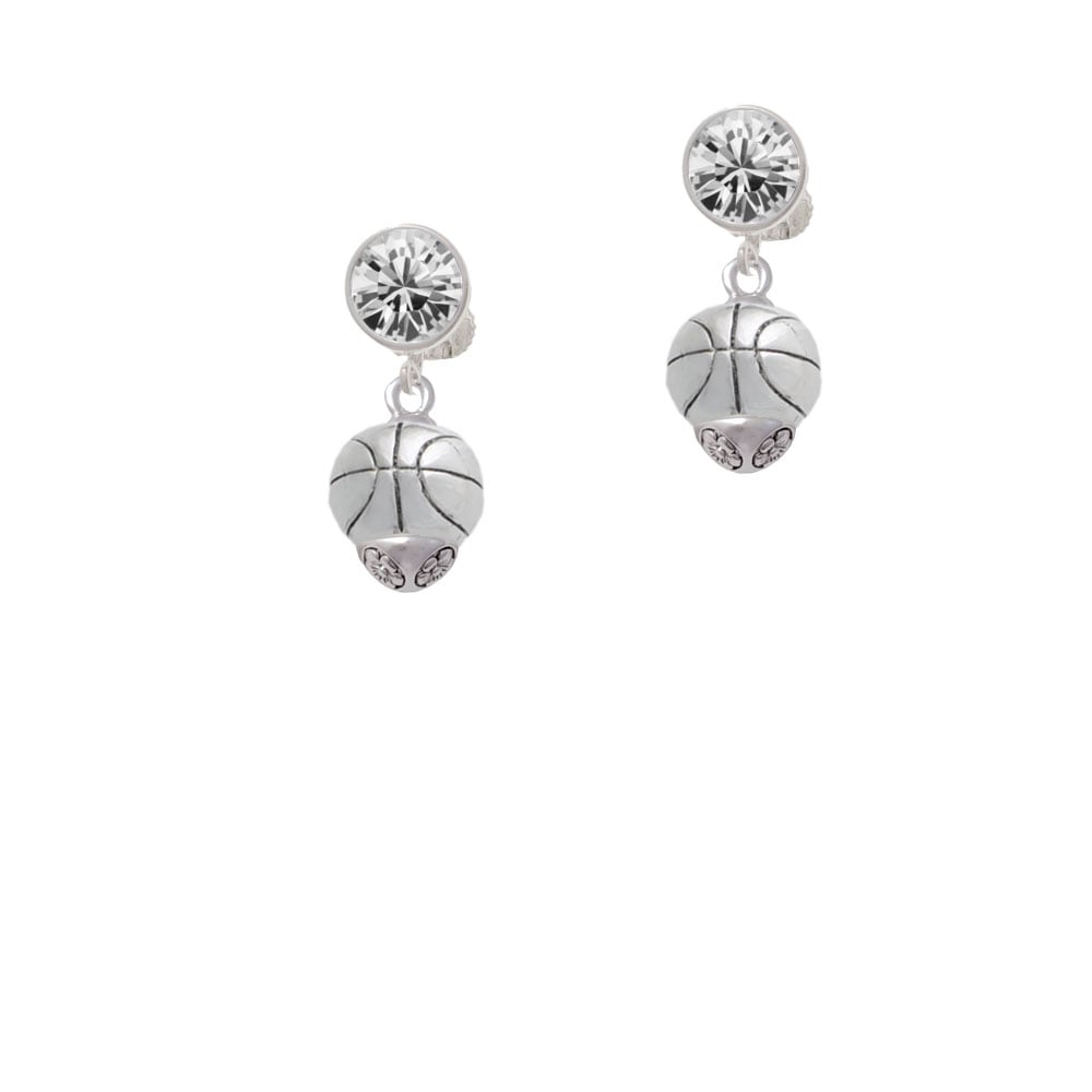 Antiqued Silver Tone Basketball Spinner Crystal Clip On Earrings Image 1