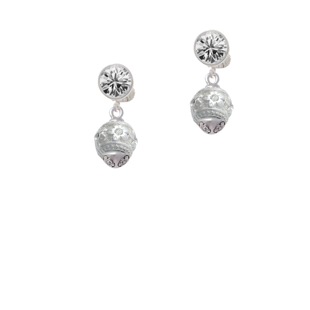 Raised Silver Tone Flowers with Clear Crystals on Oval Spinner Crystal Clip On Earrings Image 2