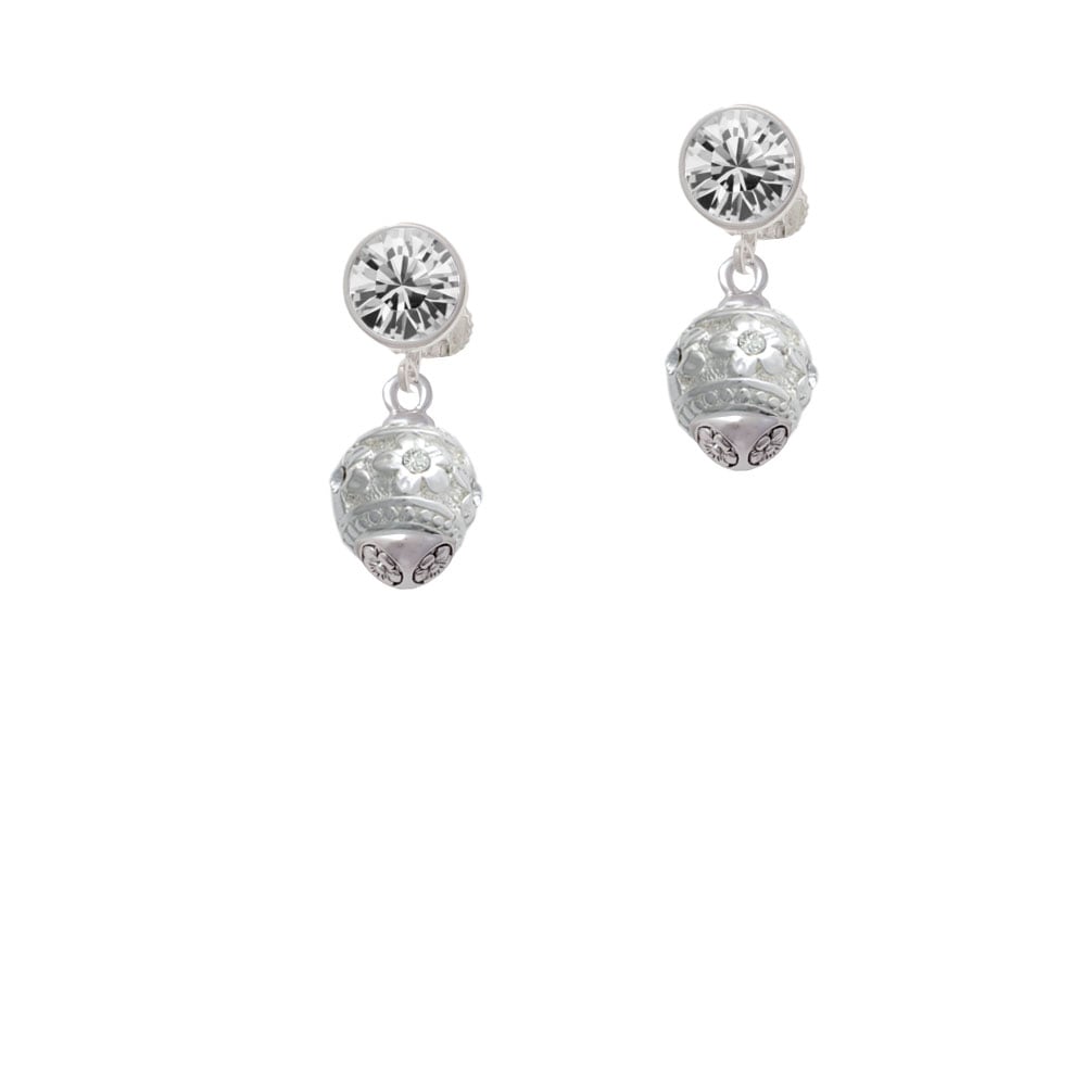 Raised Silver Tone Flowers with Clear Crystals on Oval Spinner Crystal Clip On Earrings Image 1