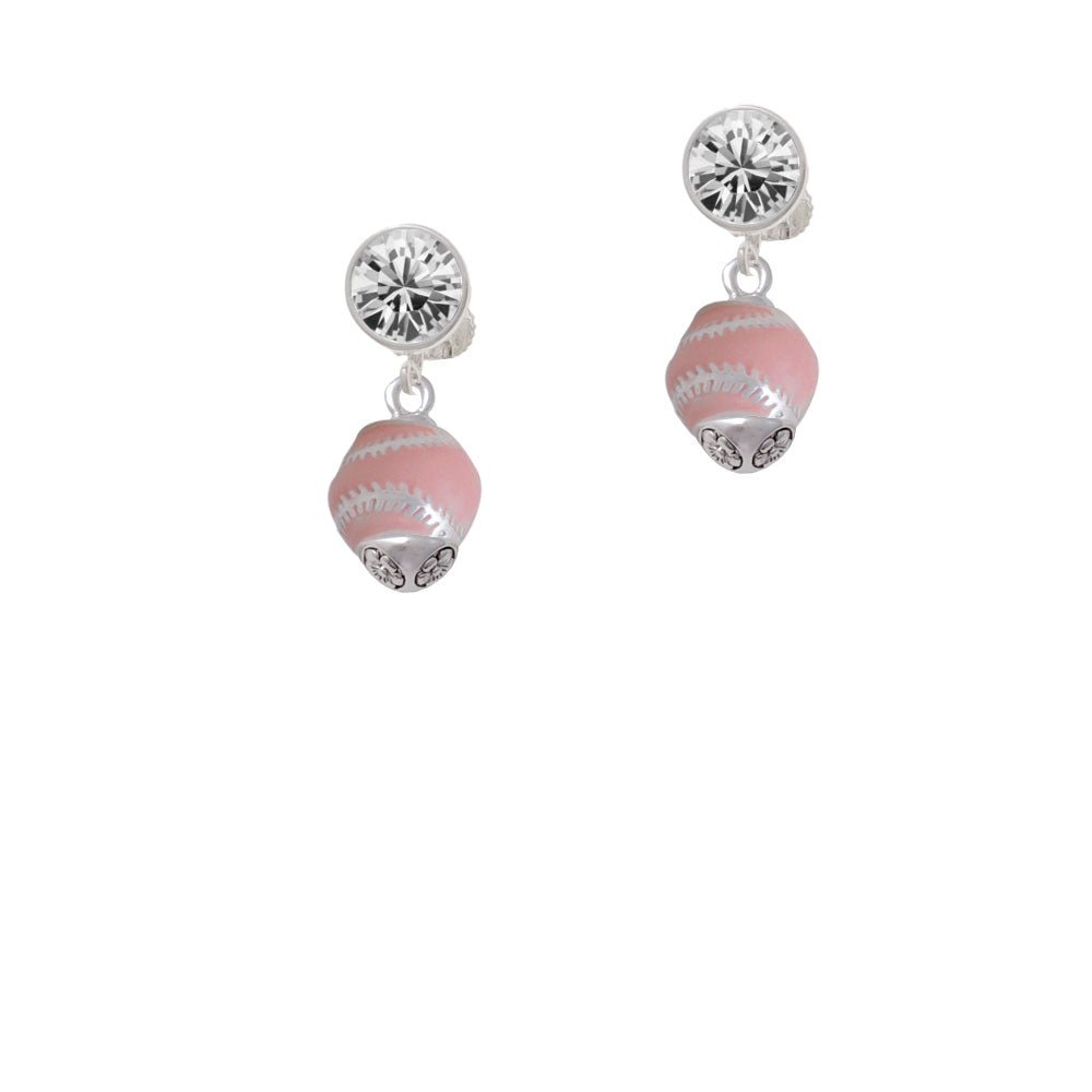 Pink Softball with Silver Tone Stitching Spinner Crystal Clip On Earrings Image 2