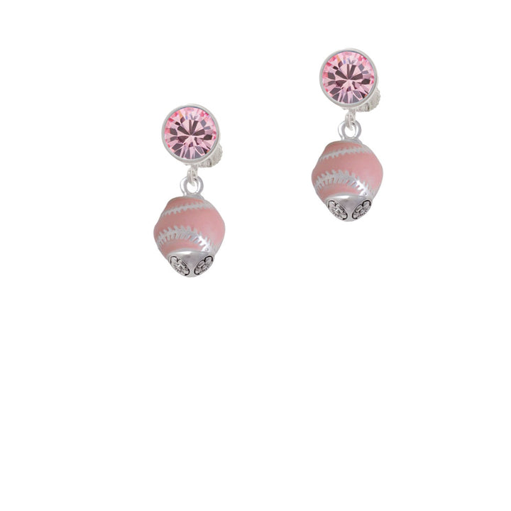 Pink Softball with Silver Tone Stitching Spinner Crystal Clip On Earrings Image 4