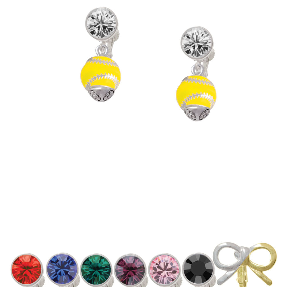 Yellow Softball with Silver Tone Stitching Spinner Crystal Clip On Earrings Image 1