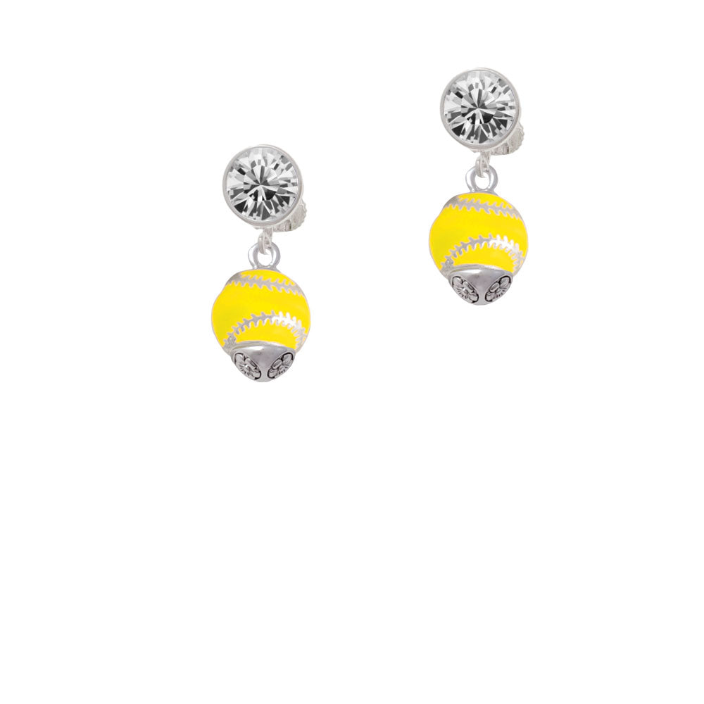 Yellow Softball with Silver Tone Stitching Spinner Crystal Clip On Earrings Image 2