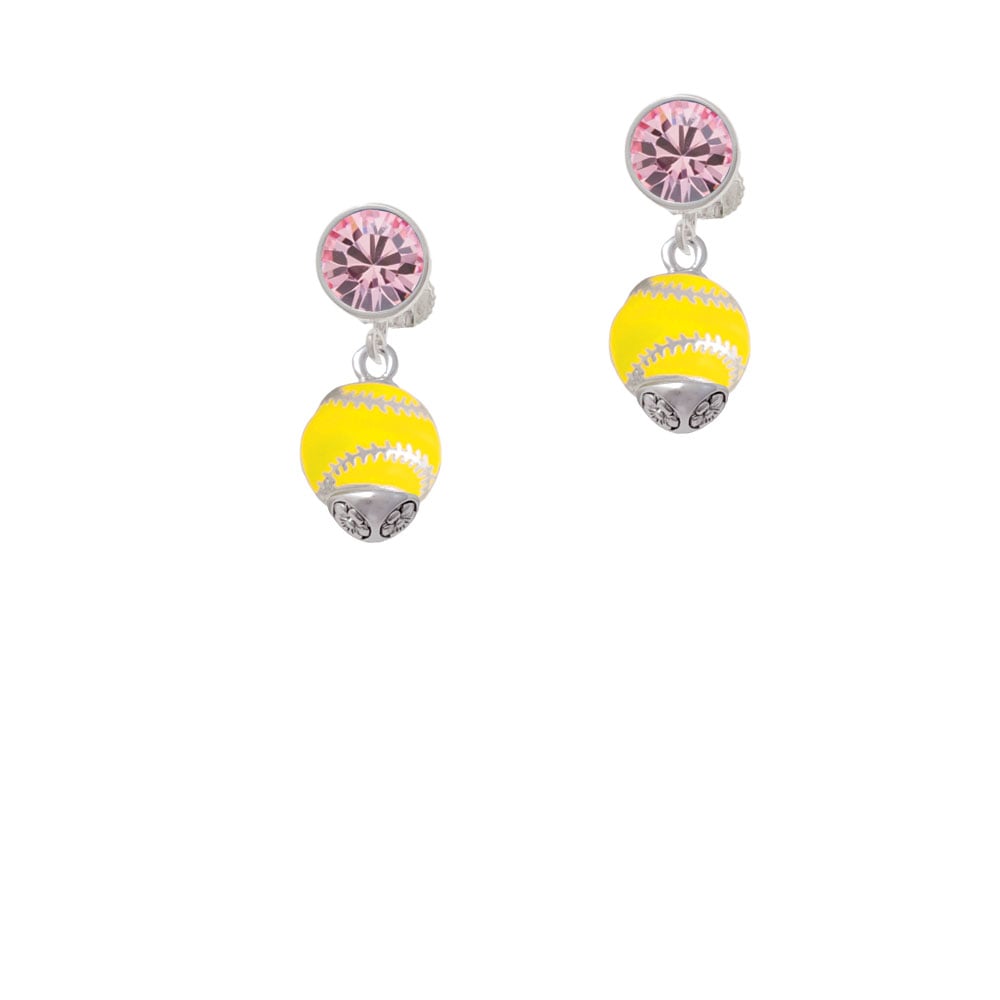 Yellow Softball with Silver Tone Stitching Spinner Crystal Clip On Earrings Image 1