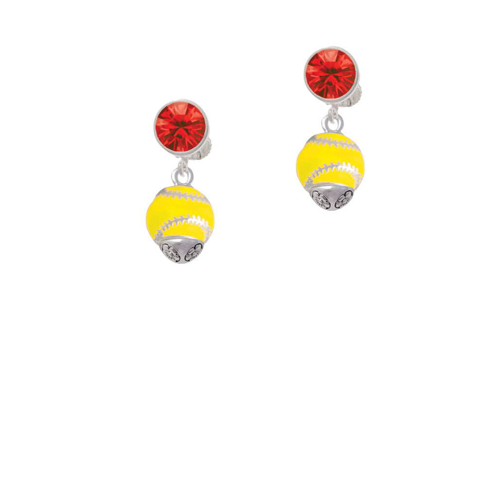 Yellow Softball with Silver Tone Stitching Spinner Crystal Clip On Earrings Image 4