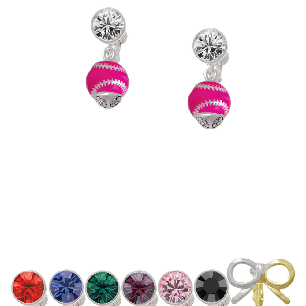 Hot Pink Softball with Silver Tone Stitching Spinner Crystal Clip On Earrings Image 1