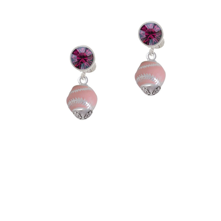 Pink Softball with Silver Tone Stitching Spinner Crystal Clip On Earrings Image 8