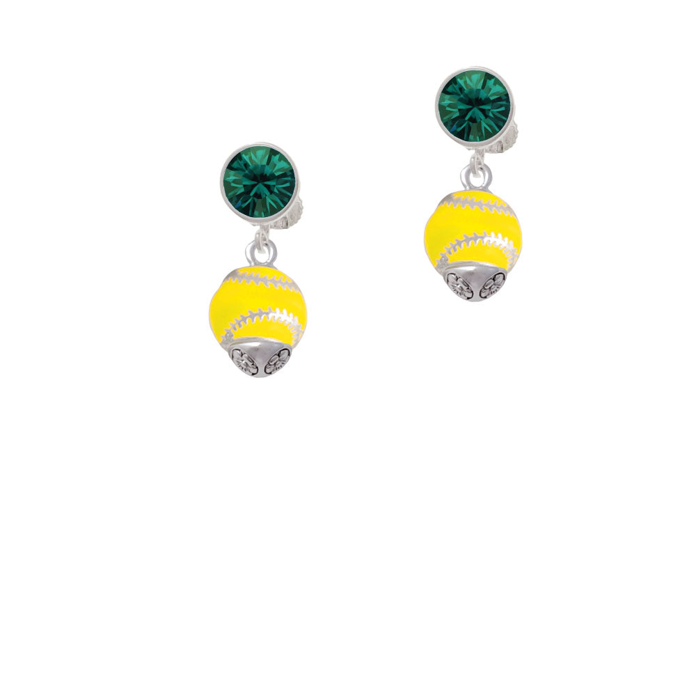 Yellow Softball with Silver Tone Stitching Spinner Crystal Clip On Earrings Image 6