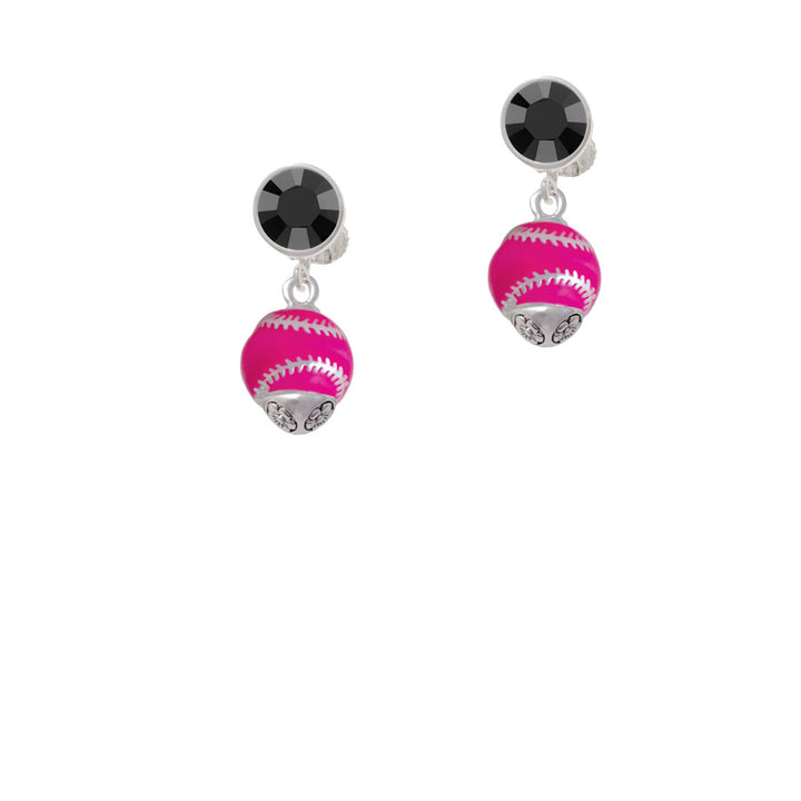 Hot Pink Softball with Silver Tone Stitching Spinner Crystal Clip On Earrings Image 3