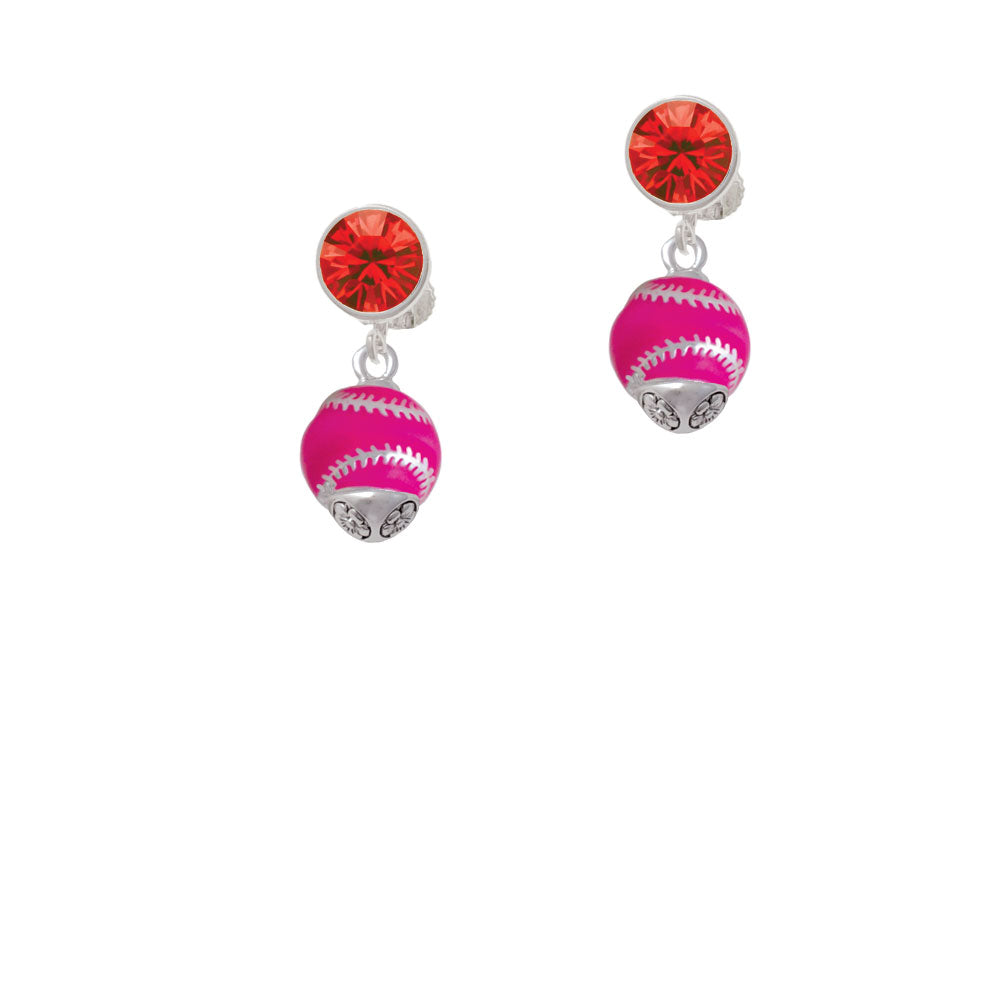 Hot Pink Softball with Silver Tone Stitching Spinner Crystal Clip On Earrings Image 4