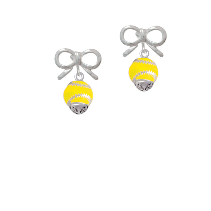 Yellow Softball with Silver Tone Stitching Spinner Crystal Clip On Earrings Image 9