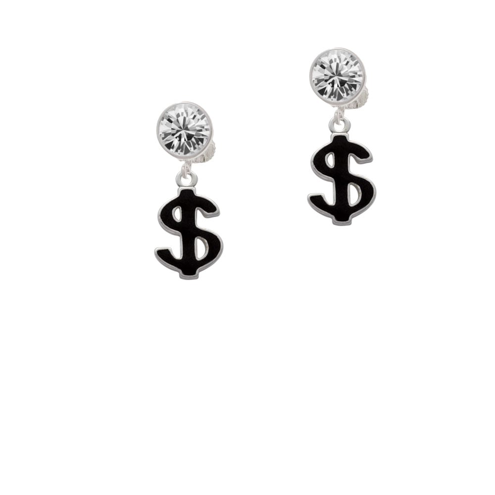 Black Dollar Sign Crystal Clip On Earrings Image 2