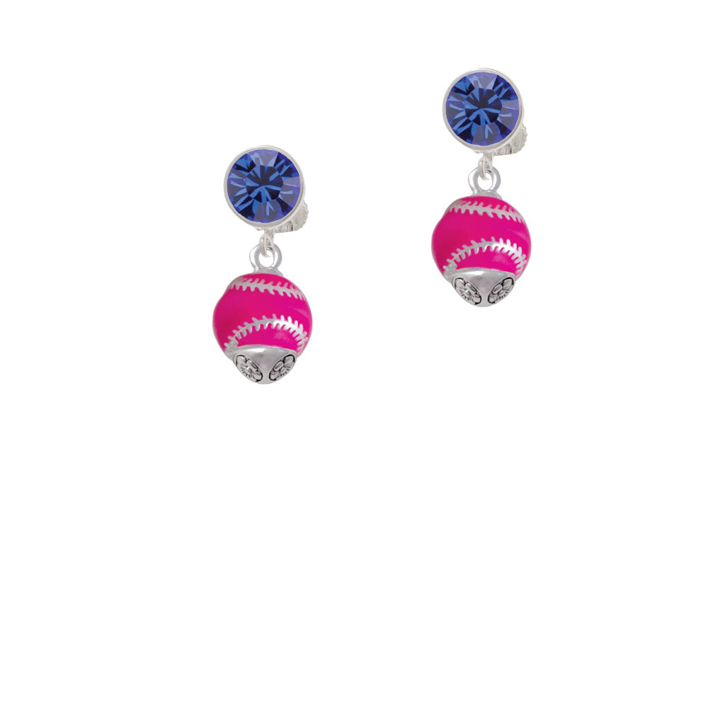 Hot Pink Softball with Silver Tone Stitching Spinner Crystal Clip On Earrings Image 7