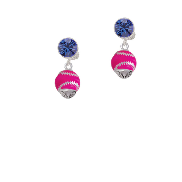 Hot Pink Softball with Silver Tone Stitching Spinner Crystal Clip On Earrings Image 7