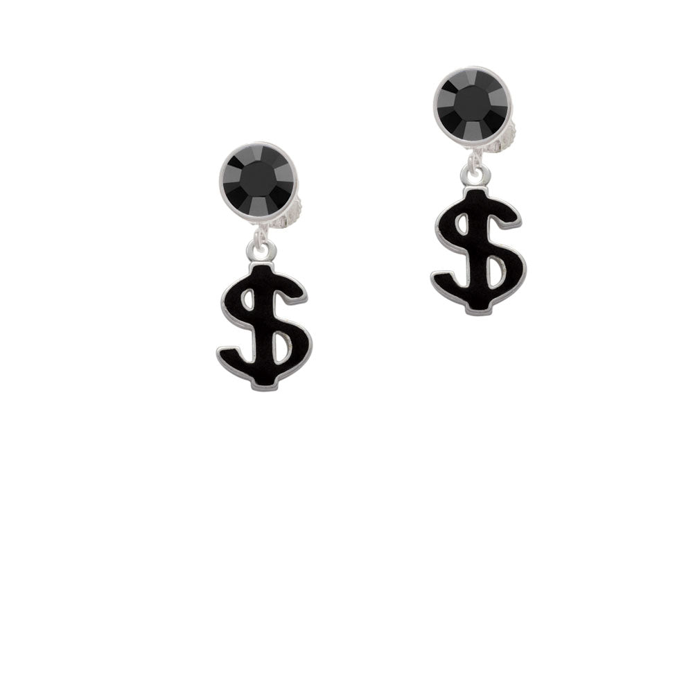 Black Dollar Sign Crystal Clip On Earrings Image 3