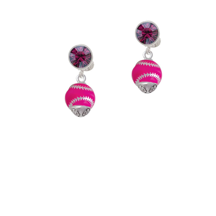 Hot Pink Softball with Silver Tone Stitching Spinner Crystal Clip On Earrings Image 8