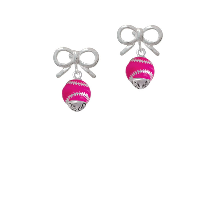 Hot Pink Softball with Silver Tone Stitching Spinner Crystal Clip On Earrings Image 9