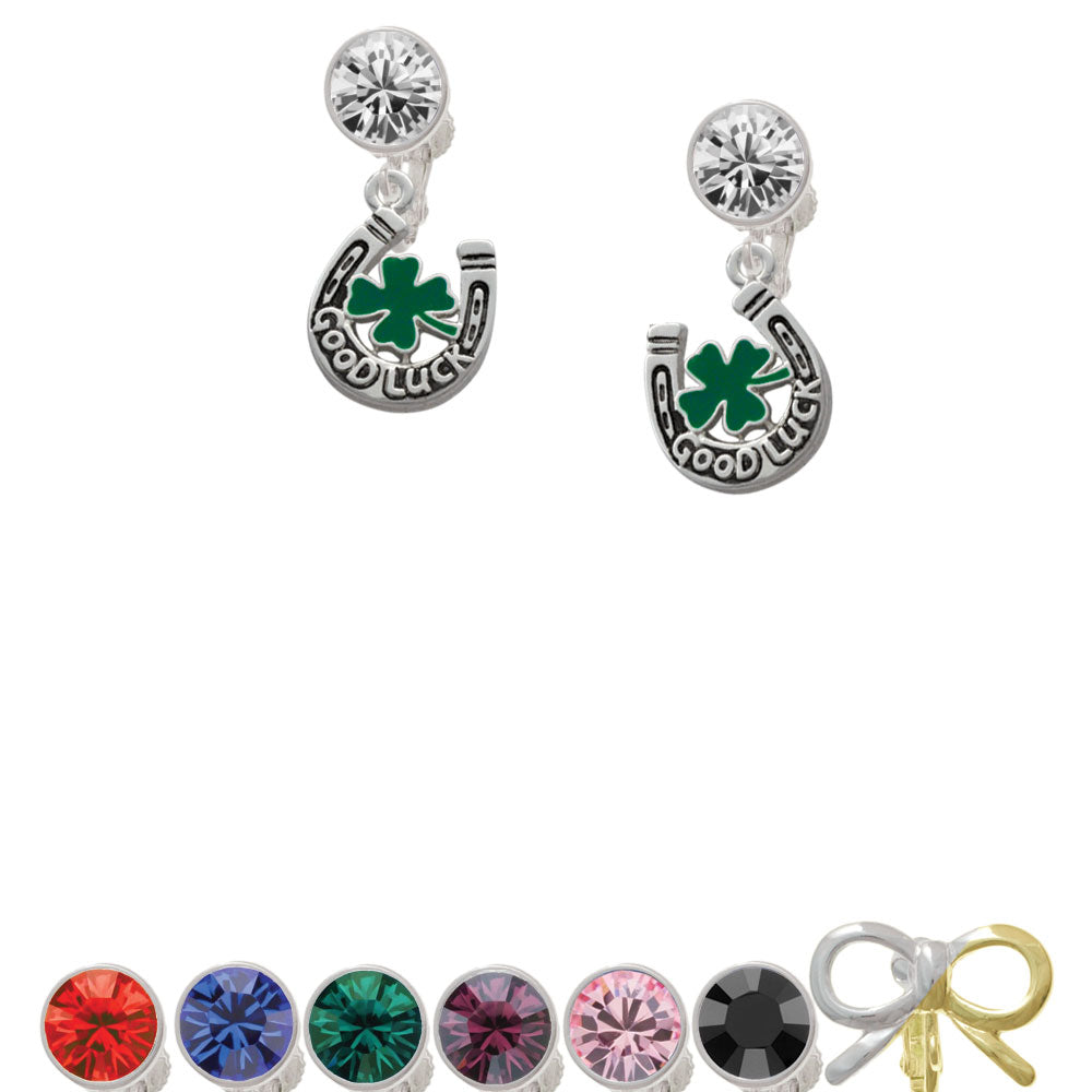 Good Luck Horseshoe with Green Four Leaf Clover Crystal Clip On Earrings Image 1