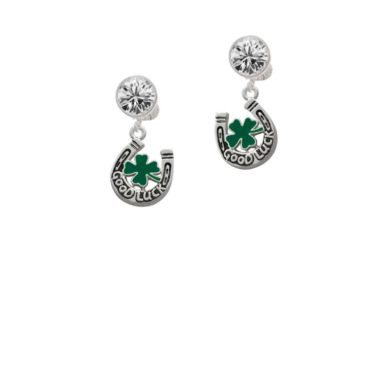 Good Luck Horseshoe with Green Four Leaf Clover Crystal Clip On Earrings Image 2