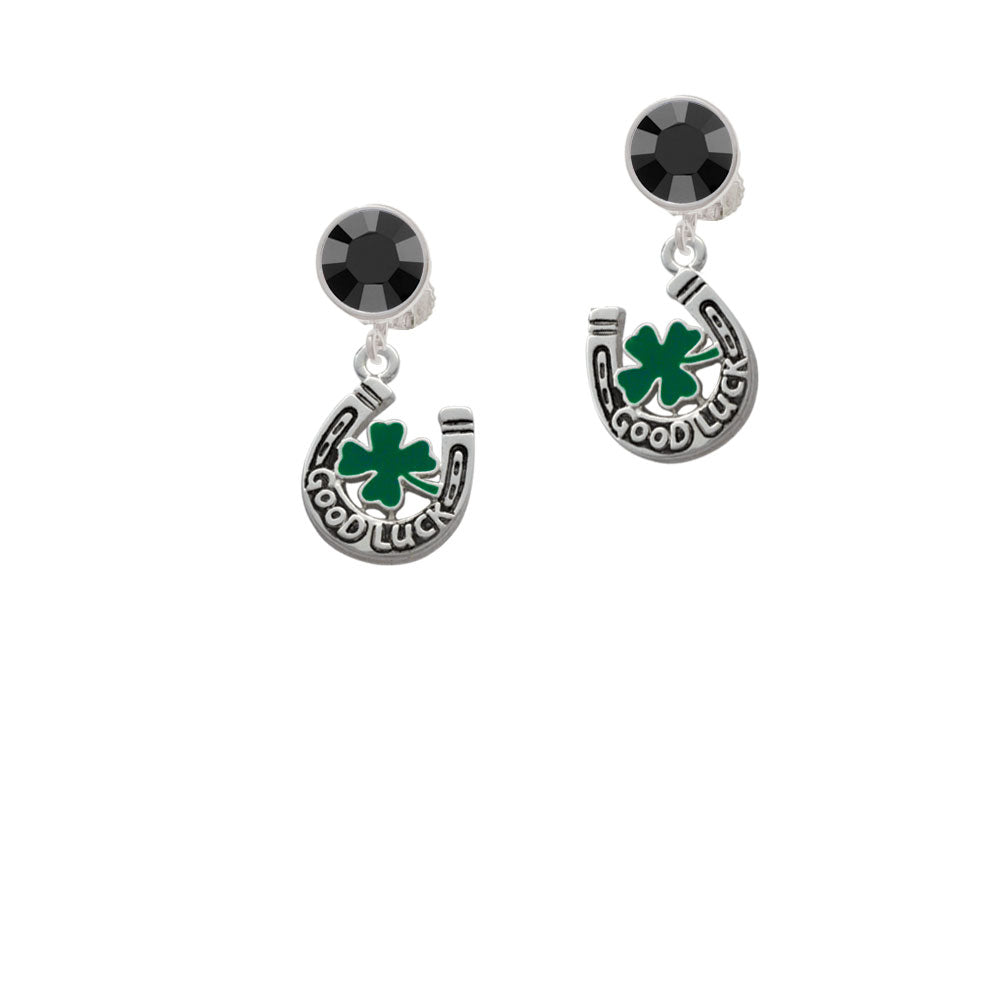 Good Luck Horseshoe with Green Four Leaf Clover Crystal Clip On Earrings Image 3