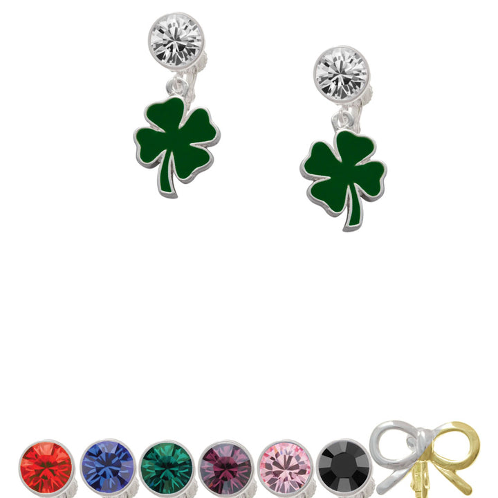 Two Sided Green Enamel Lucky Four Leaf Clover Crystal Clip On Earrings Image 1