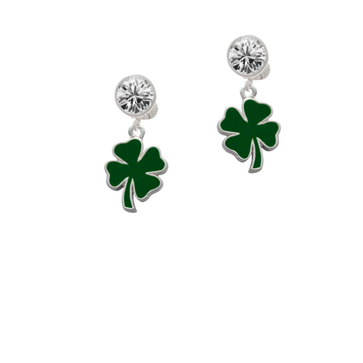 Two Sided Green Enamel Lucky Four Leaf Clover Crystal Clip On Earrings Image 2