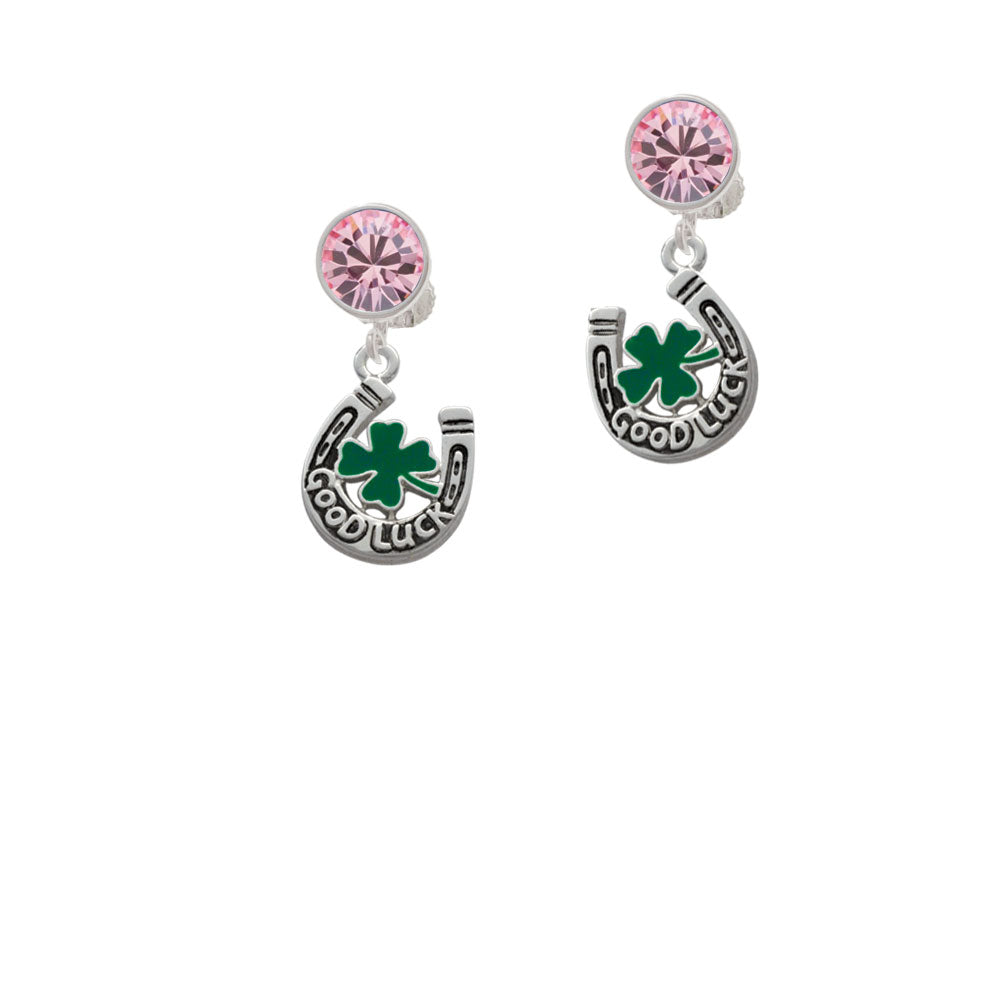 Good Luck Horseshoe with Green Four Leaf Clover Crystal Clip On Earrings Image 4