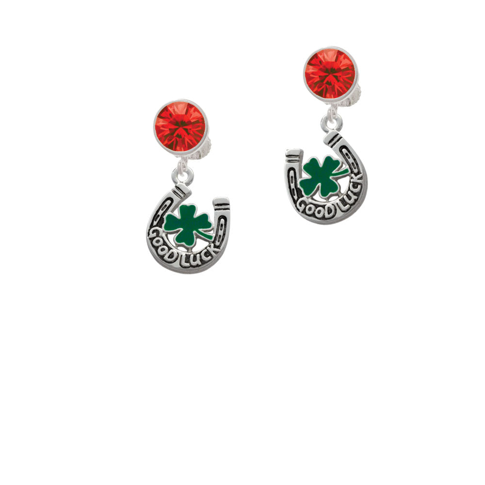 Good Luck Horseshoe with Green Four Leaf Clover Crystal Clip On Earrings Image 4