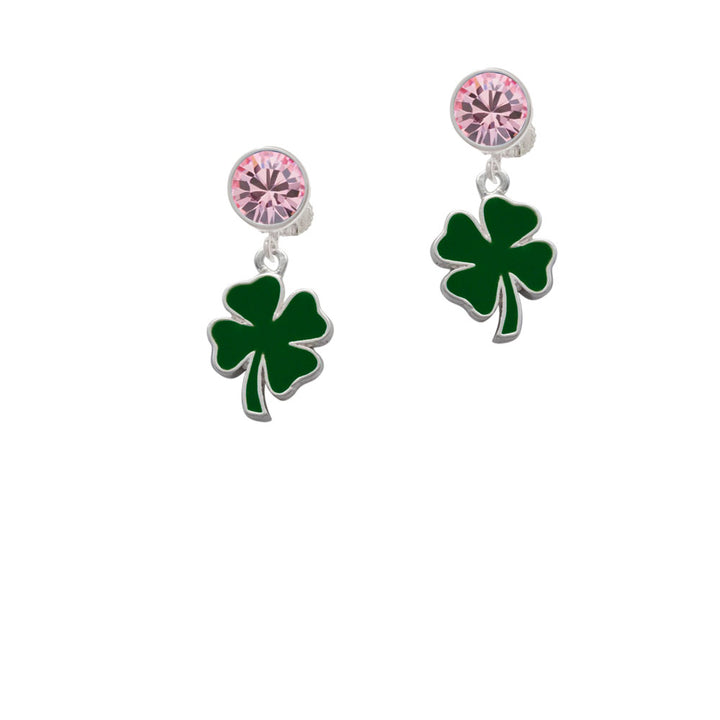 Two Sided Green Enamel Lucky Four Leaf Clover Crystal Clip On Earrings Image 4