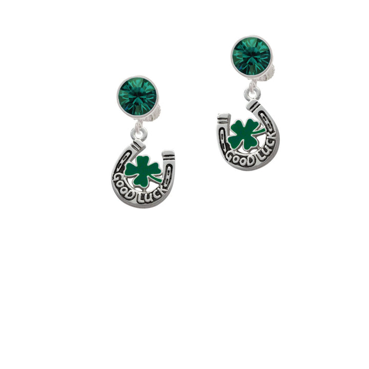 Good Luck Horseshoe with Green Four Leaf Clover Crystal Clip On Earrings Image 6