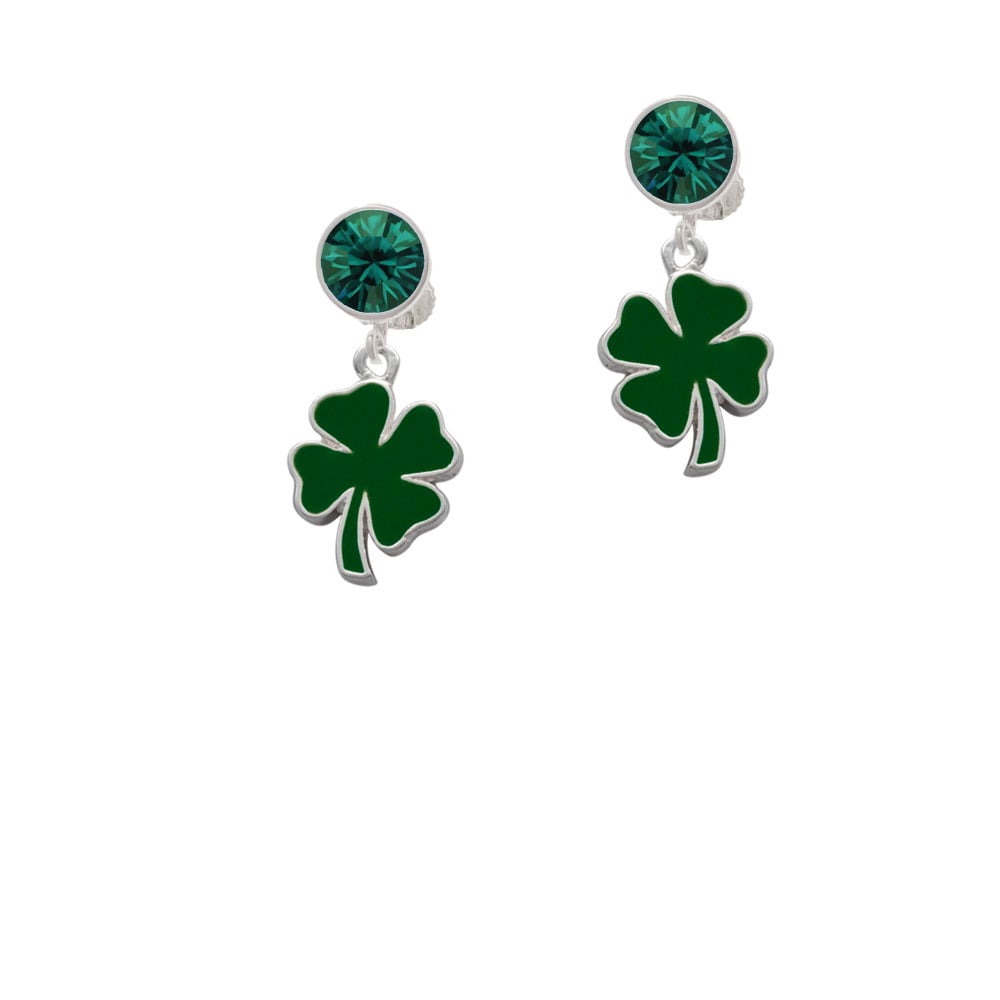 Two Sided Green Enamel Lucky Four Leaf Clover Crystal Clip On Earrings Image 6