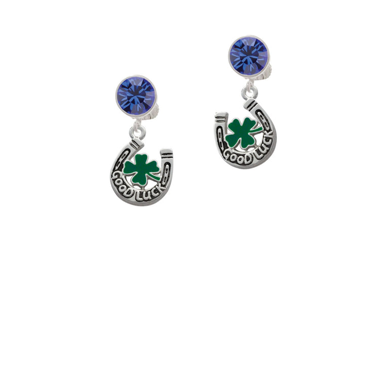 Good Luck Horseshoe with Green Four Leaf Clover Crystal Clip On Earrings Image 7