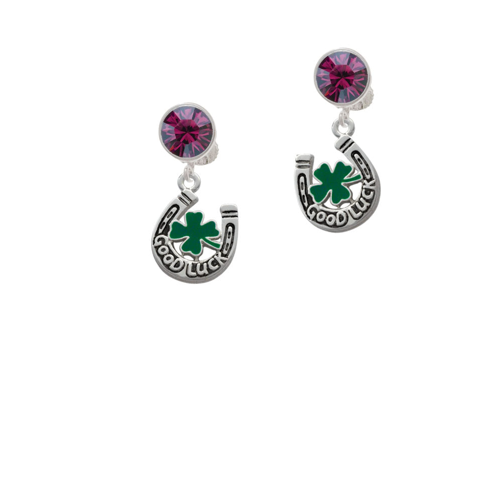 Good Luck Horseshoe with Green Four Leaf Clover Crystal Clip On Earrings Image 8