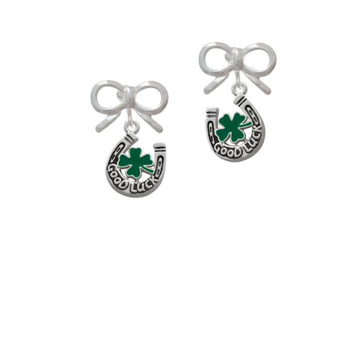 Good Luck Horseshoe with Green Four Leaf Clover Crystal Clip On Earrings Image 9