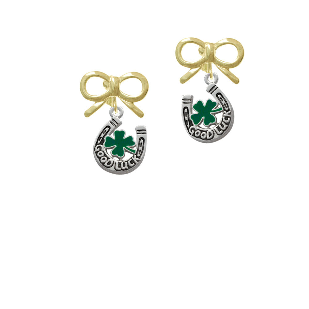 Good Luck Horseshoe with Green Four Leaf Clover Crystal Clip On Earrings Image 10