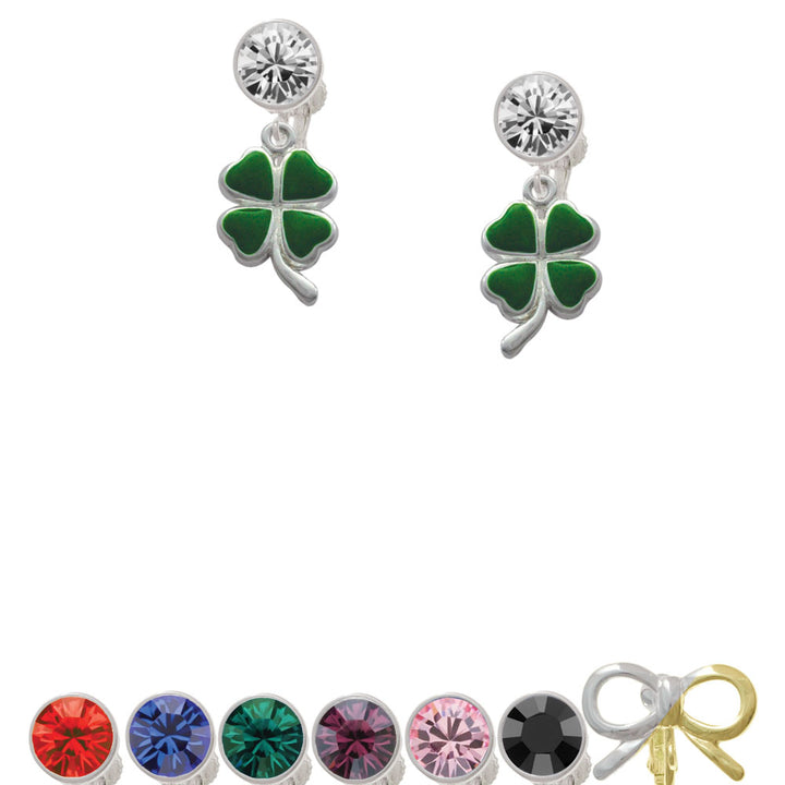 Green Four Leaf Clover with Heart Leaves Crystal Clip On Earrings Image 1