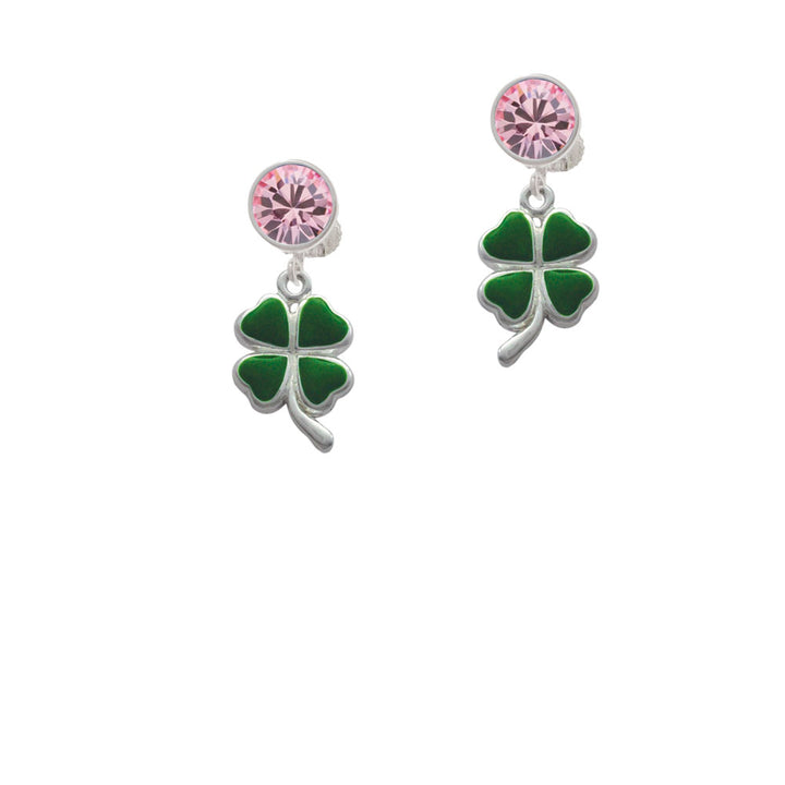 Green Four Leaf Clover with Heart Leaves Crystal Clip On Earrings Image 4