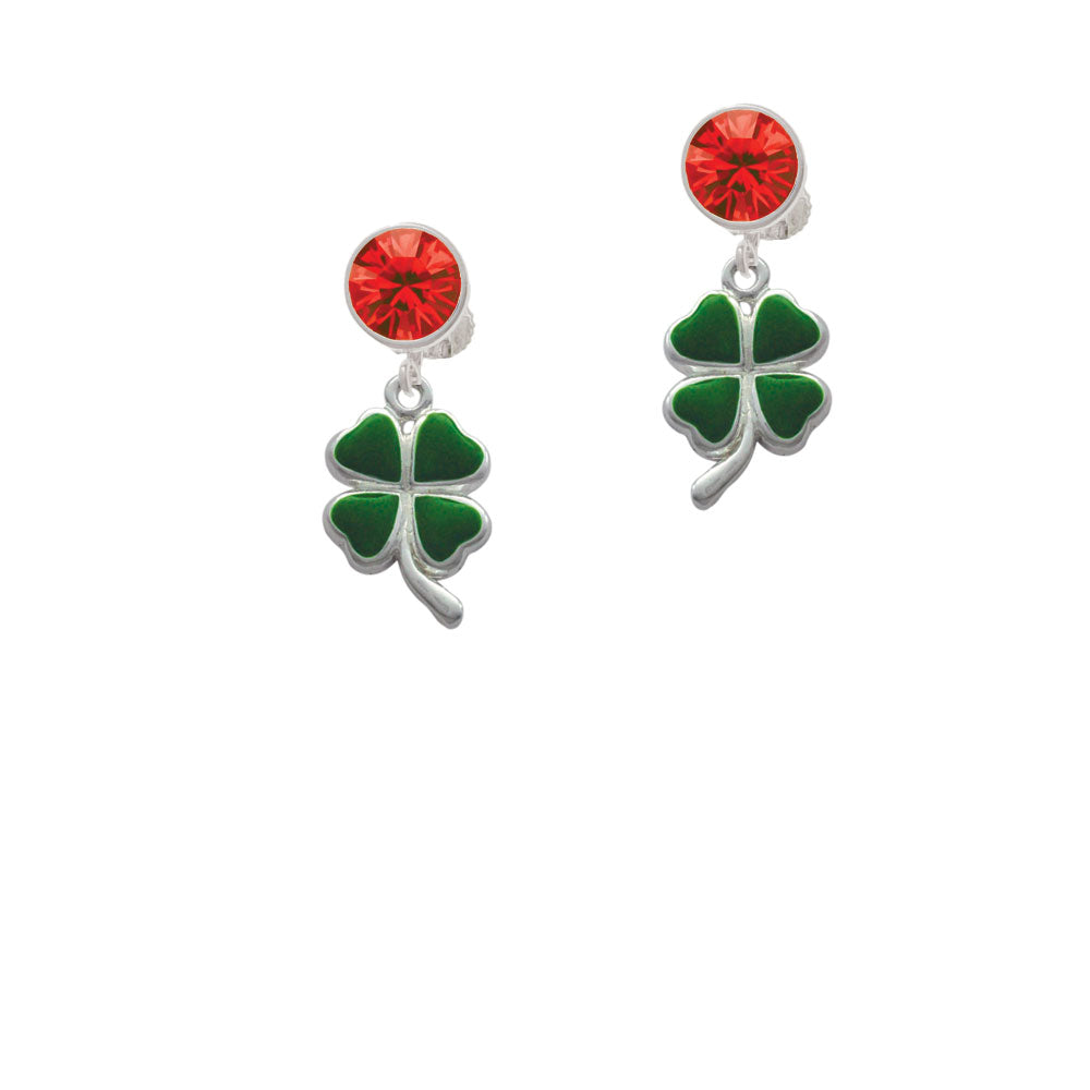 Green Four Leaf Clover with Heart Leaves Crystal Clip On Earrings Image 4