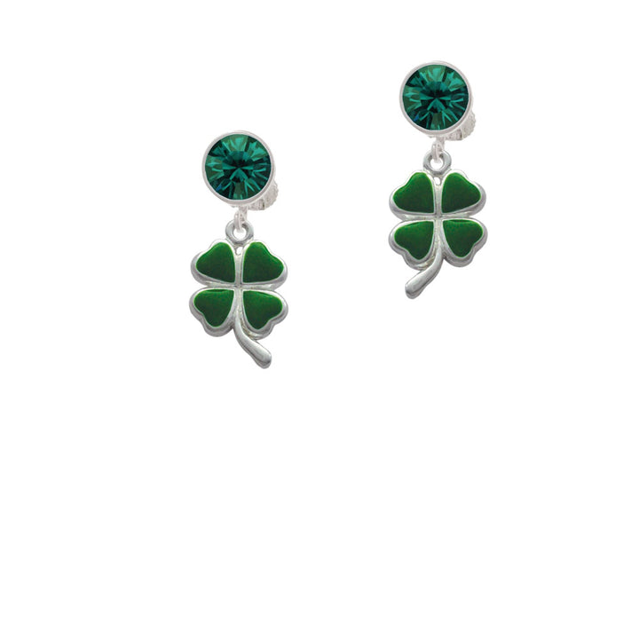 Green Four Leaf Clover with Heart Leaves Crystal Clip On Earrings Image 6