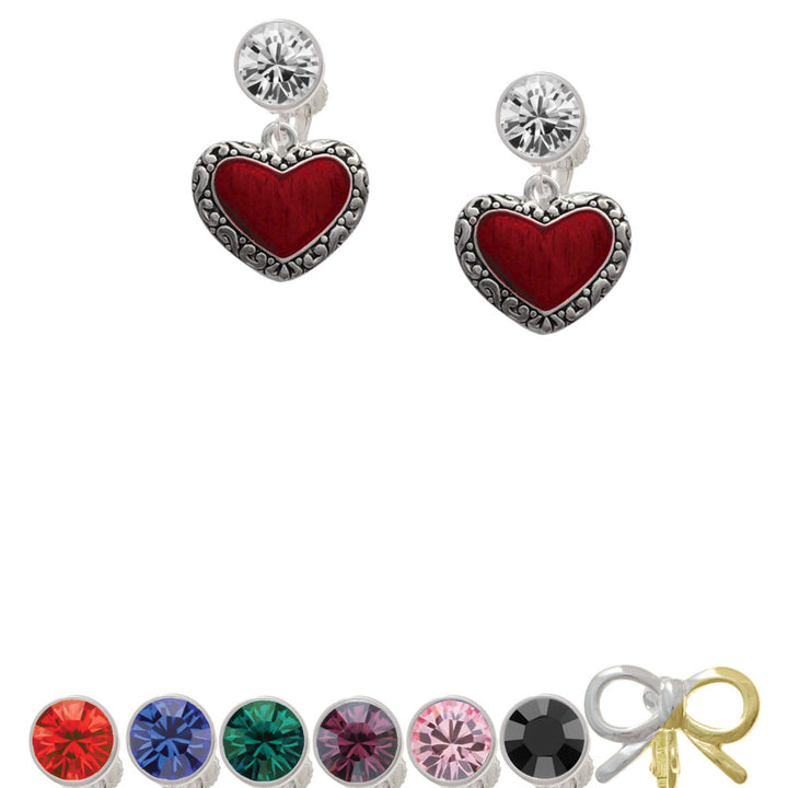 Translucent Red Heart with Decorated Border Crystal Clip On Earrings Image 1